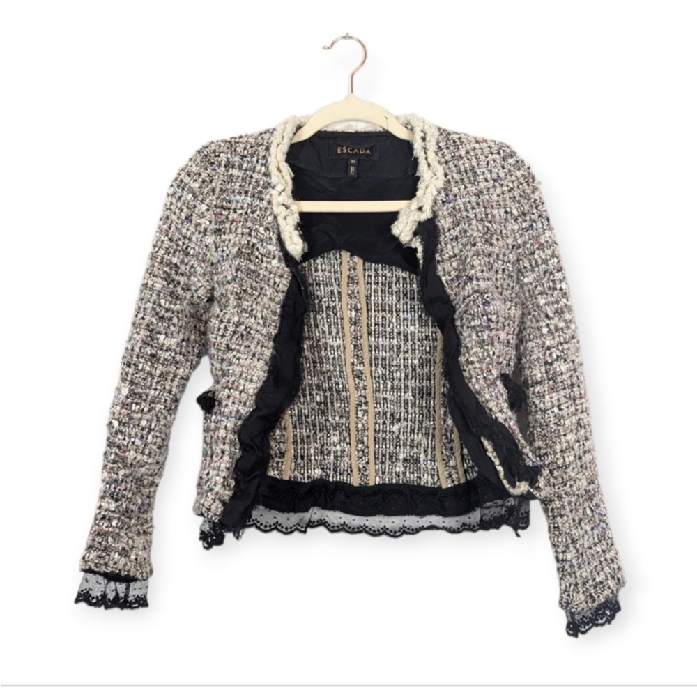 Escada Multi Color Tweed Lace Trim Evening Blazer
